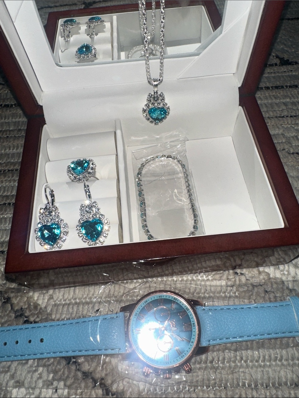 Blue crystal hard fancy jewelry set include watch earring, bracelet, necklace